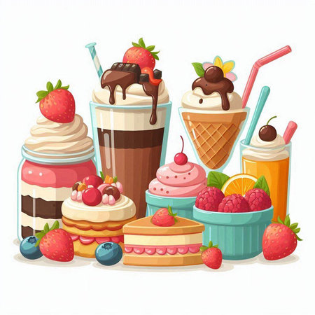 Set of different types of milkshakes and desserts. Vector illustrationのイラスト素材