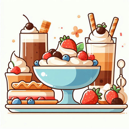 Vector illustration of ice cream in a bowl with strawberries, blueberries, waffles and chocolate.のイラスト素材
