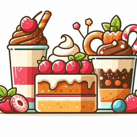 Cartoon vector illustration of different sweet desserts, ice cream, cakes, candies, cupcakes, donuts.のイラスト素材