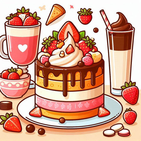 Cake with cream, strawberries, chocolate and milk. Vector illustration.のイラスト素材