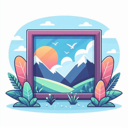 Vector illustration of a picture frame with mountains, clouds and birds.のイラスト素材