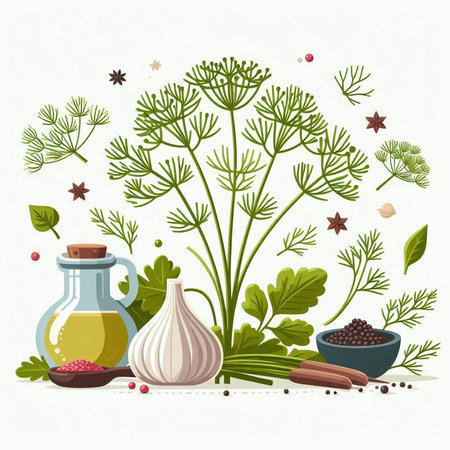 Vector illustration of fresh dill, parsley, garlic, pepper and oil in a glass bottleのイラスト素材