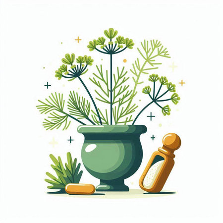 Herbal medicine. Herbs in a mortar. Vector illustration.のイラスト素材