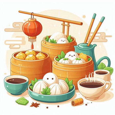 Chinese dumplings in wooden steamer with chopsticks. Vector illustration.のイラスト素材