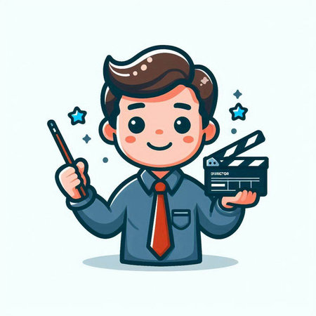 Cute Cartoon Businessman Character with Movie Clapper Board Vector Illustrationのイラスト素材