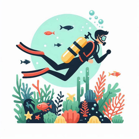 Scuba diving in the sea. Vector illustration in cartoon style.のイラスト素材