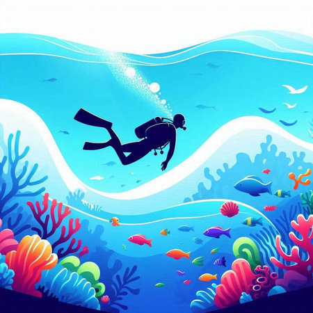 Underwater background with scuba diver and corals. Vector illustration.のイラスト素材