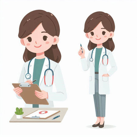 Young female doctor and nurse with a stethoscope and a clipboardのイラスト素材