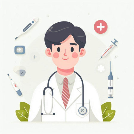 Doctor with stethoscope and syringe. Flat design vector illustration.のイラスト素材