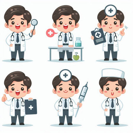 Cartoon doctor man character with various poses and actions. Vector illustration.のイラスト素材