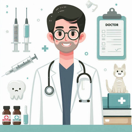 Vector illustration of a doctor with a stethoscope, syringe, pills and a cat.のイラスト素材