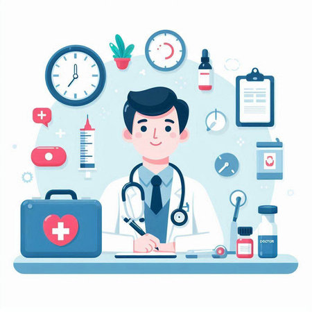 Doctor in hospital. Healthcare and medical concept. Vector illustration in flat styleのイラスト素材