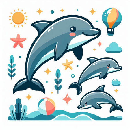 Cartoon dolphin and sea life. Vector illustration in flat style.のイラスト素材
