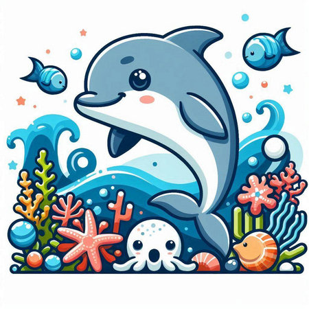 Cute cartoon dolphin swimming in the sea. Vector illustration on white background.のイラスト素材