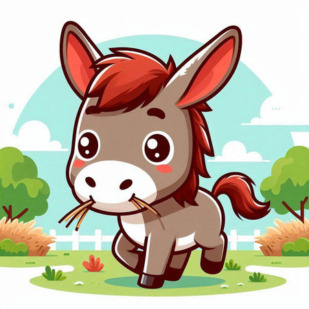 Illustration of a Cute Cartoon Donkey Posing in a Fieldのイラスト素材