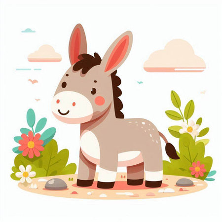 Cute cartoon donkey standing on the sand in the garden. Vector illustrationのイラスト素材