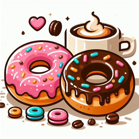 Illustration of donuts, coffee and sweets on a white backgroundのイラスト素材