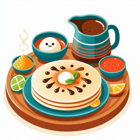 Pancakes with chocolate and cream. Vector illustration in cartoon style.のイラスト素材