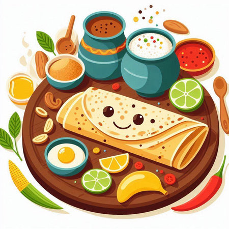 Vector illustration of breakfast with pancakes, eggs, fruits and vegetables.のイラスト素材