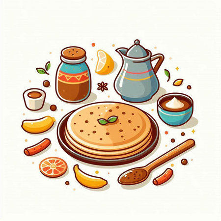 Vector illustration of breakfast set with pancakes, coffee, ginger, honey, cinnamon, lemon and spices.のイラスト素材