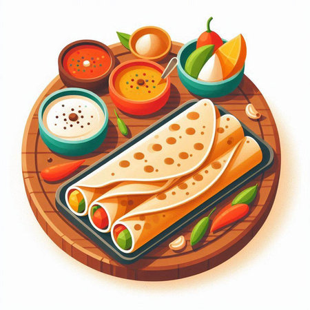 Illustration of crepes on a wooden board with sauces and vegetablesのイラスト素材