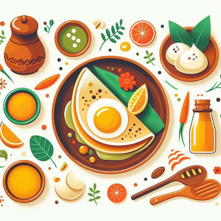 Vector illustration of breakfast with pancakes, eggs, honey and spices.のイラスト素材