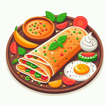 Illustration of pancakes with vegetables and eggs on a wooden plate.のイラスト素材