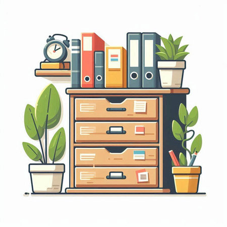 Vector illustration of a shelf with folders, books and plants in a flat style.のイラスト素材