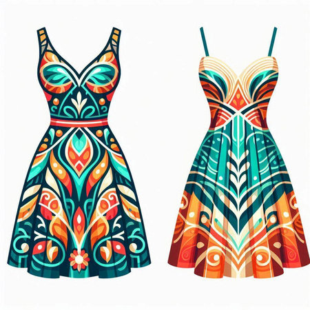 Vector illustration of two women's evening dresses with ethnic pattern on a white backgroundのイラスト素材