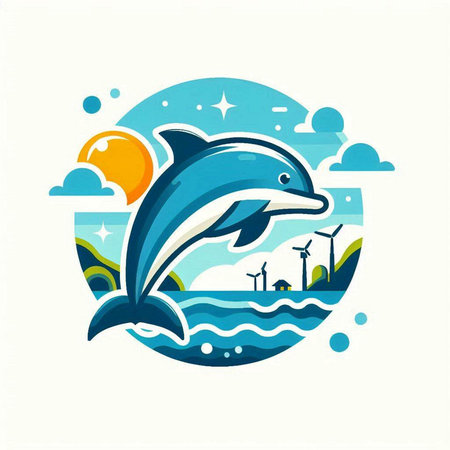dolphin with wind turbines in the sea - vector illustration for your designのイラスト素材