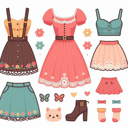 Set of cute clothes for little girls. Vector illustration in cartoon style.のイラスト素材