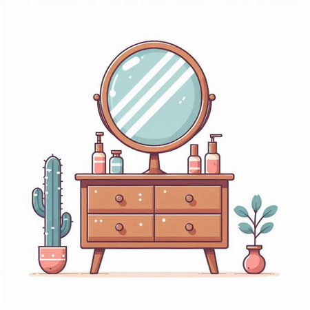 Vector illustration of a dressing table with a mirror, bottles of cosmetics and cacti.のイラスト素材