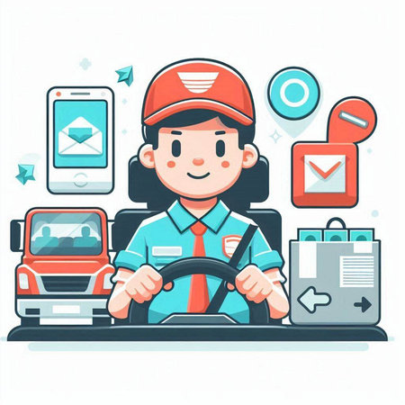 Cartoon driver with steering wheel and mobile phone. Vector illustration.のイラスト素材