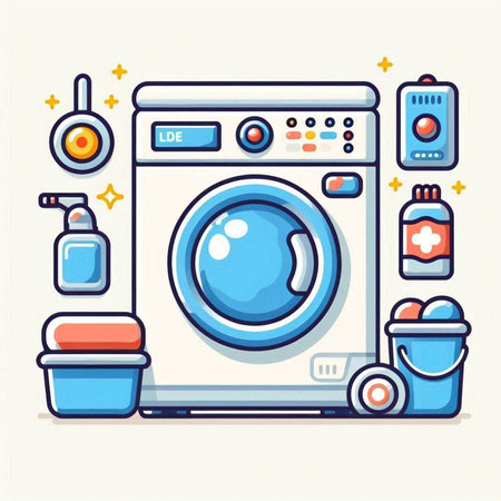 Washing machine with detergents. Vector illustration in flat styleのイラスト素材