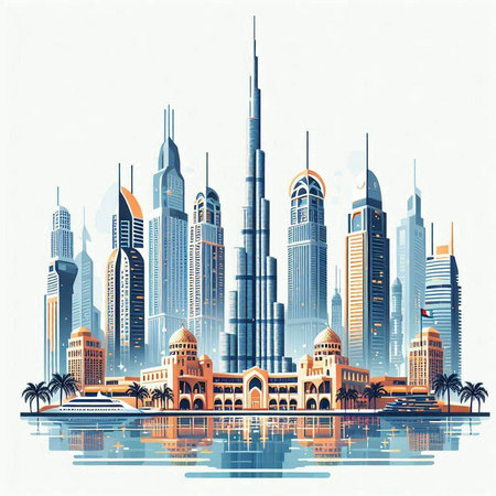 Dubai skyline with skyscrapers and reflection in water. Vector illustration.のイラスト素材