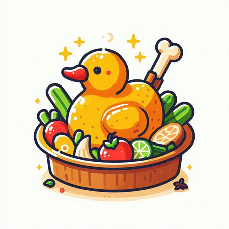 Cute chicken in a basket with vegetables and fruits. Vector illustration.のイラスト素材