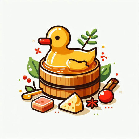 Cute cartoon wooden bathtub with duck and honey. Vector illustration.のイラスト素材