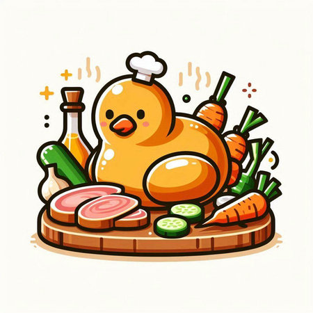 Roast chicken and vegetables on wooden board, vector cartoon illustration.のイラスト素材