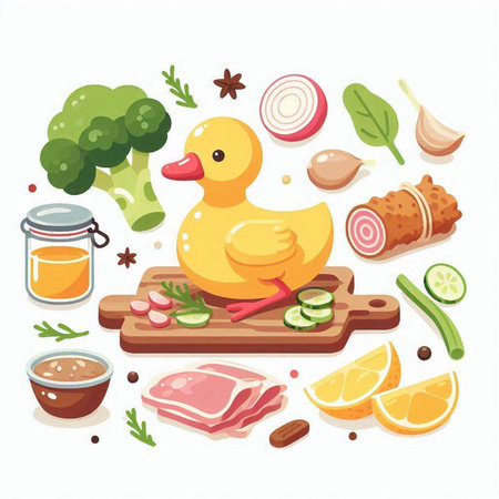 Duck, vegetables and spices. Vector illustration in cartoon style.のイラスト素材