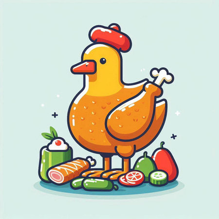 Vector illustration of chicken in flat style with meat products and vegetables.のイラスト素材