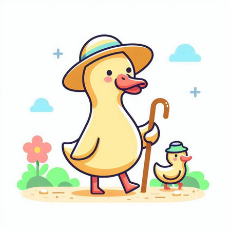 Vector illustration of a cute little duck in a hat walking with a caneのイラスト素材