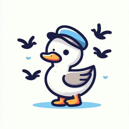 Vector illustration of a cute duck in a cap on a white backgroundのイラスト素材