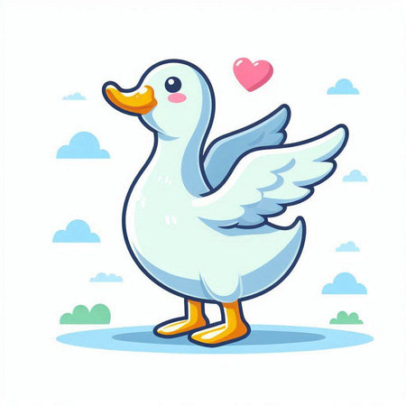 Cute duck with heart on its wings. Vector illustration in cartoon style.のイラスト素材