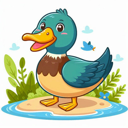 Illustration of a Cute Duck on a Island with a Birdのイラスト素材