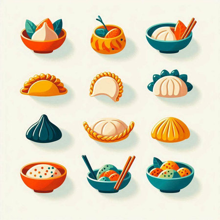Chinese dumplings icons set. Cartoon illustration of 9 chinese dumplings icons for web designのイラスト素材