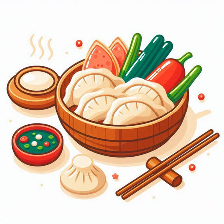 Vector illustration of dumplings in a wooden bowl with chopsticksのイラスト素材