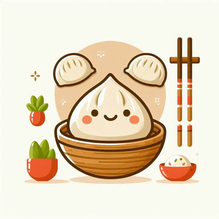 Cute cartoon dumplings in a bowl. Vector illustration.のイラスト素材