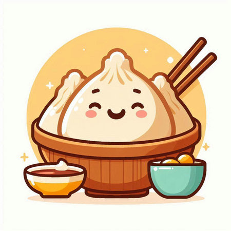 Vector illustration of Chinese steamed dumpling in wooden bowl.のイラスト素材