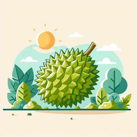 Vector illustration of a durian on a background of the summer landscapeのイラスト素材