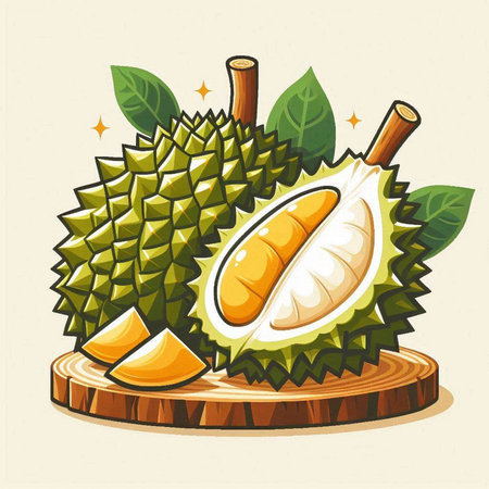 Fresh durian fruit with leaves on wooden board. Vector illustration.のイラスト素材